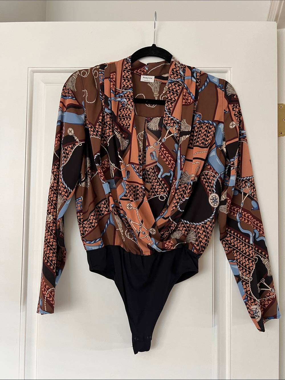 Aritzia Babaton Brown, Terracotta, Blue & Black Printed Draped Bodysuit